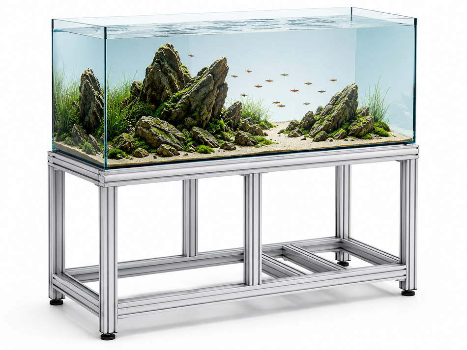 Heavy-duty aquarium stand frame made from 8080 aluminium T-slot extrusion, designed for large aquarium systems with sump filtration. Frame size: 1800mm L × 700mm W × 850mm H, excluding levelling feet