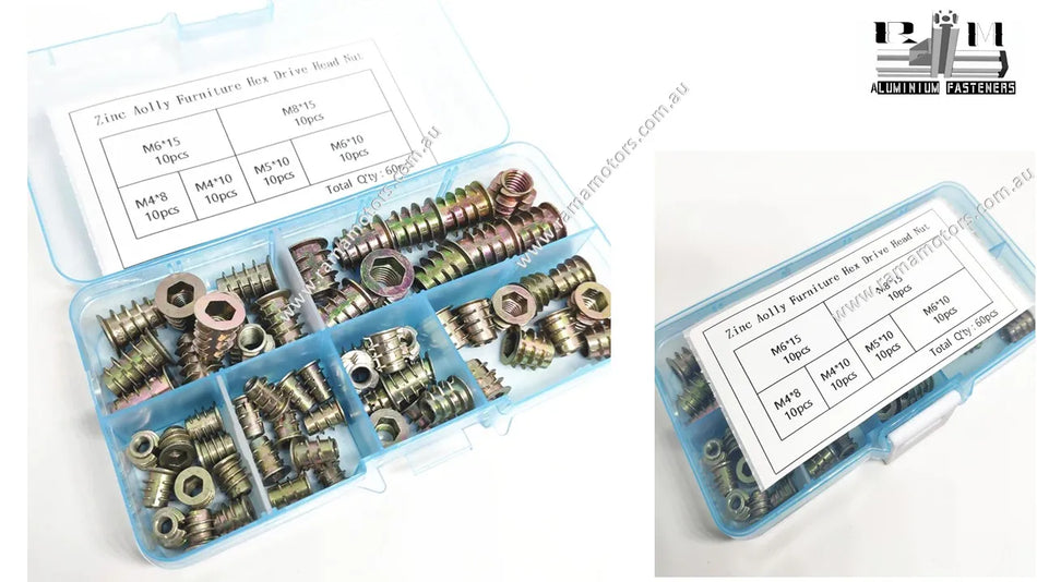 60PCS M4 M5 M6 M8 Zinc Alloy Thread for Wood Insert Nut Flange Hex Socket Head Furniture Nuts Assortment Kit