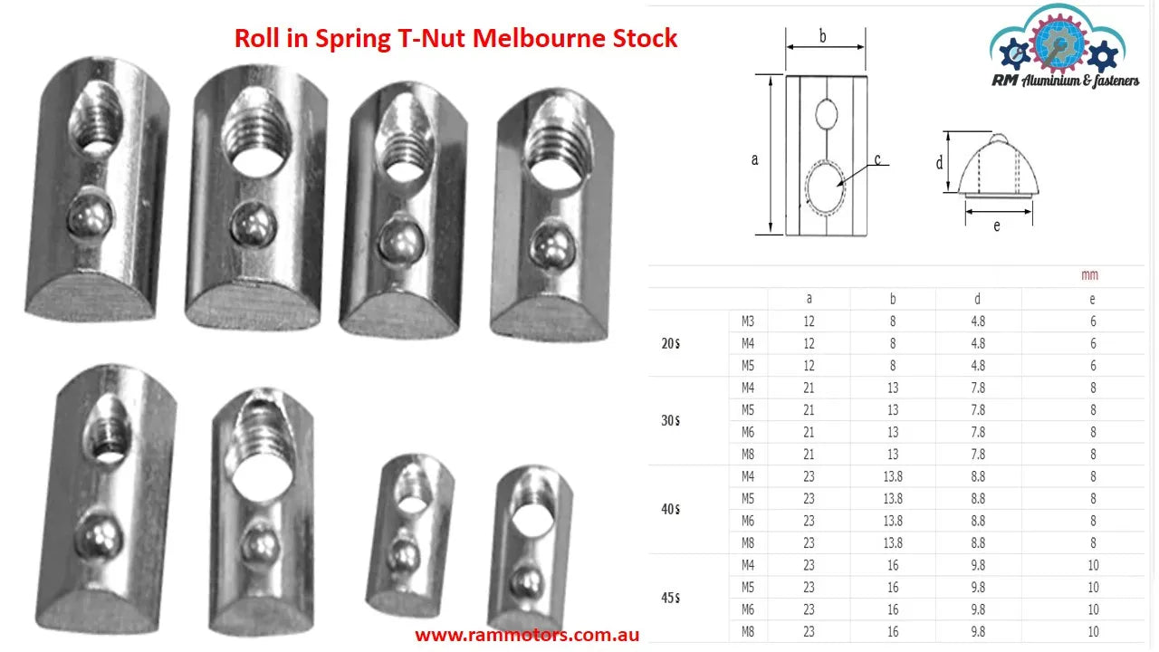 Pack of 20 PCS,M6 45 Series/10mm Slots Roll in Spring T-nut – RM components